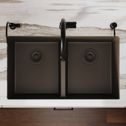 32-3/8" Undermount Double Equal Bowl Quartz Composite Kitchen Sink In Brown