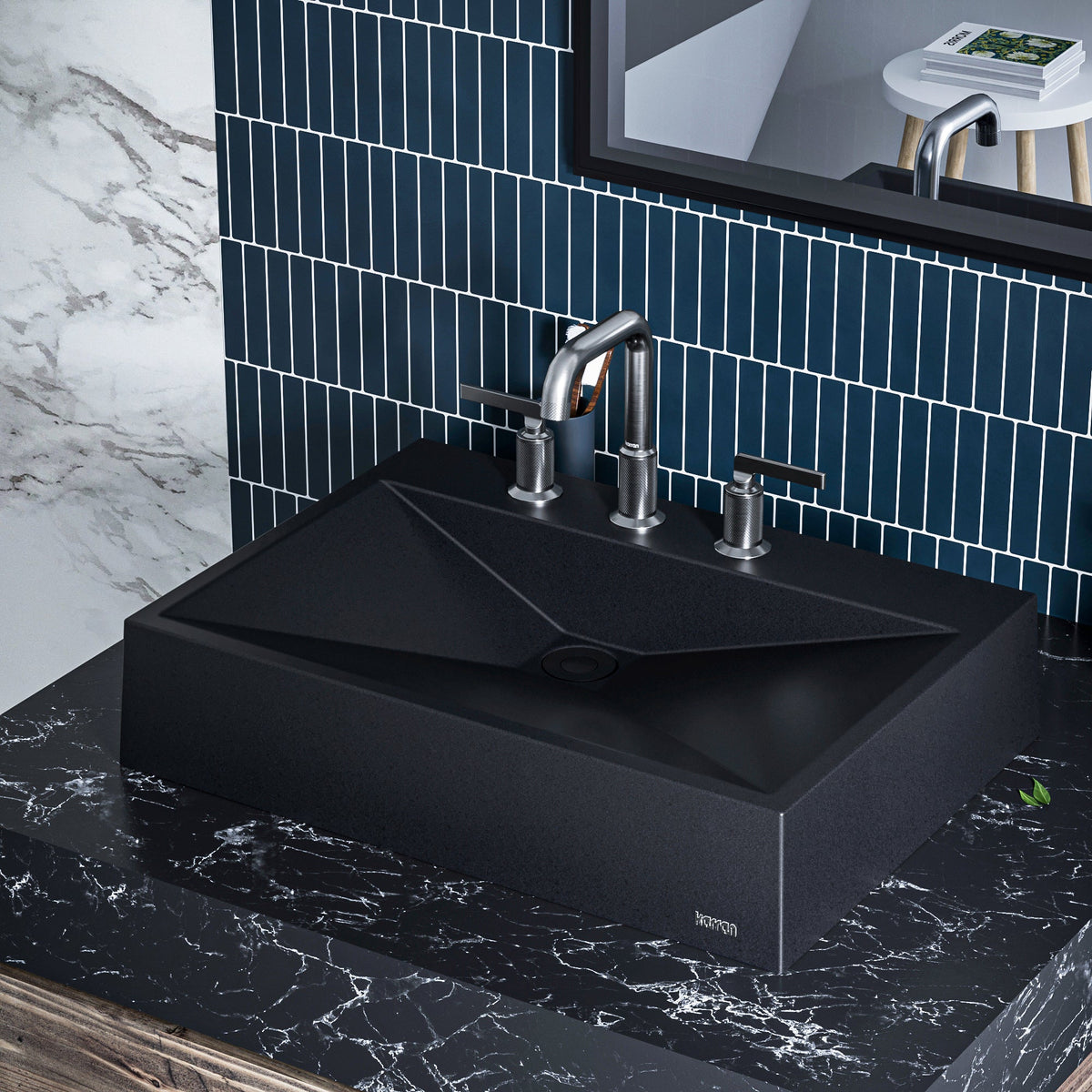24-1/4" Vessel Quartz Composite Bathroom Sink In Black