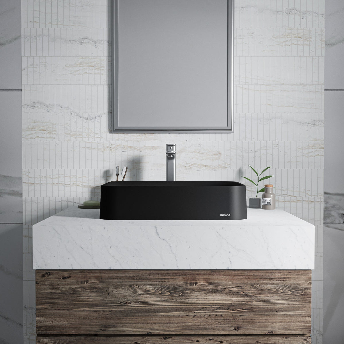 21-1/2" Vessel Quartz Composite Bathroom Sink In Black