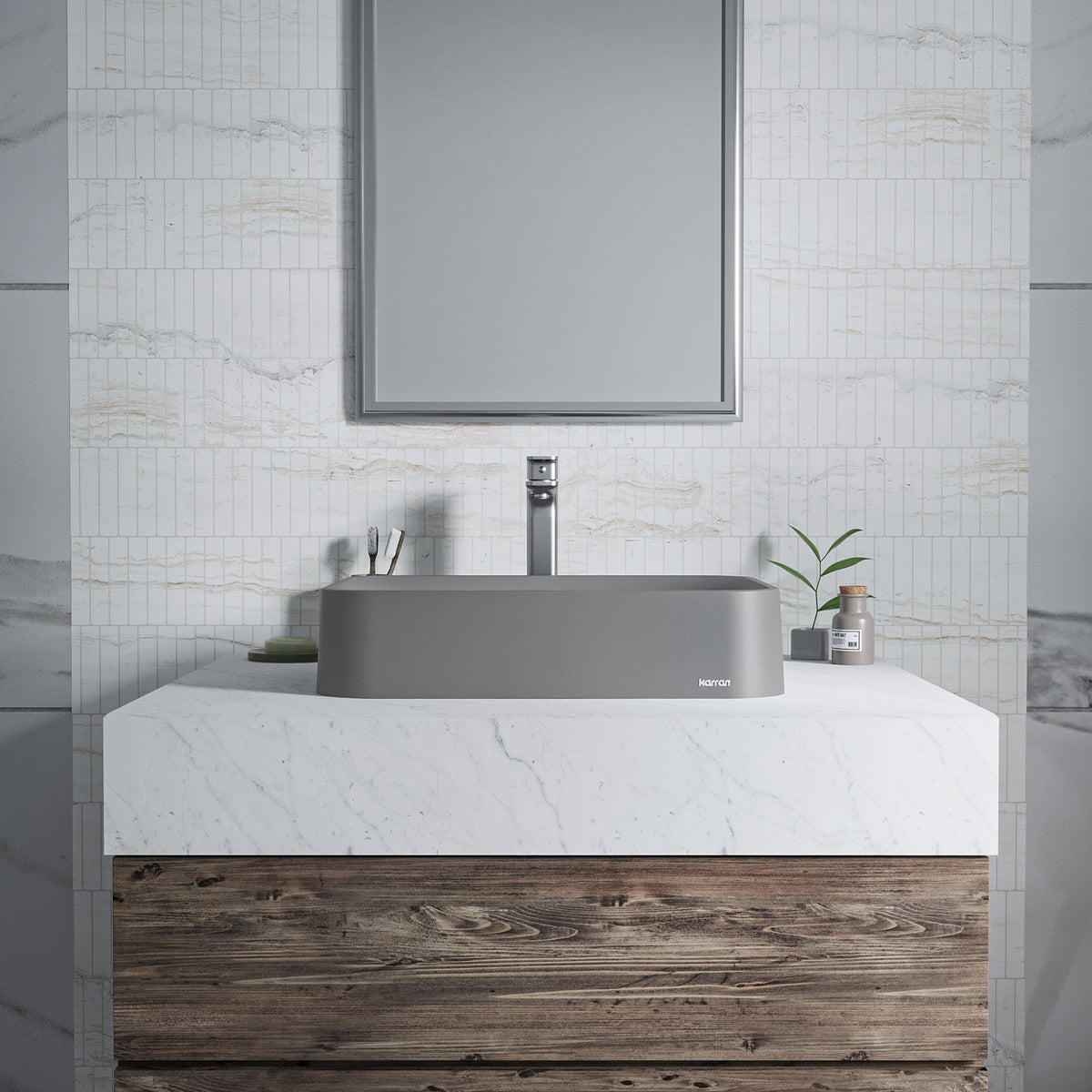 21-1/2" Vessel Quartz Composite Bathroom Sink In Grey