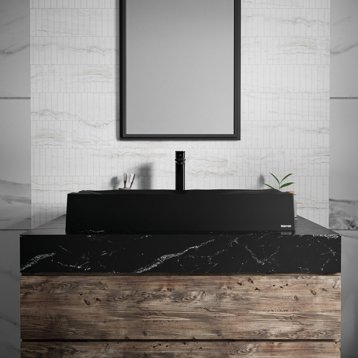 32-1/8" Vessel Quartz Composite Bathroom Sink In Black