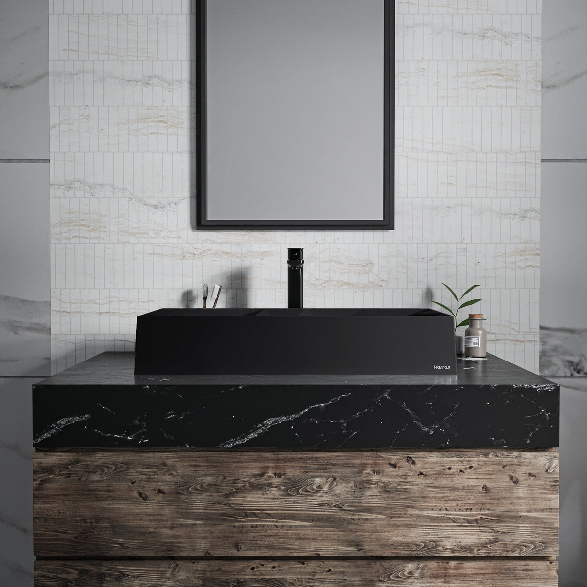 28-1/8" Vessel Quartz Composite Bathroom Sink In Black