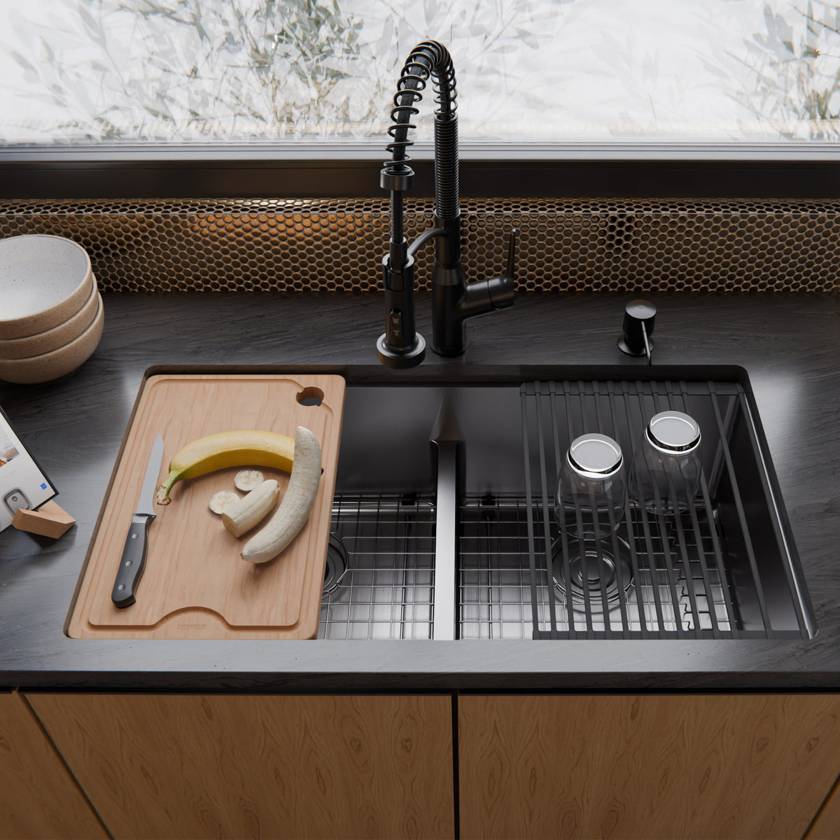 Fusion 33" Undermount Workstation 16 Gauge Double Bowl Stainless Steel Sink with Accessories
