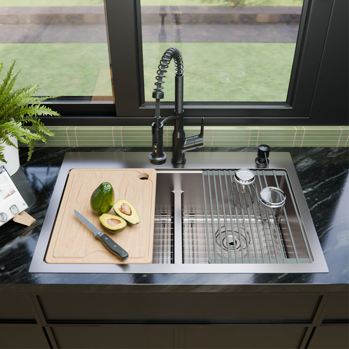 Fusion 33" Top Mount Workstation 16 Gauge Double Bowl Stainless Steel Sink with Accessories