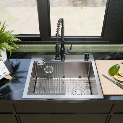 Fusion 25" Top Mount Workstation 16 Gauge Single Bowl Stainless Steel Sink with Accessories