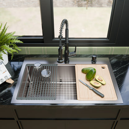 Fusion 33" Top Mount Workstation 16 Gauge Single Bowl Stainless Steel Sink with Accessories
