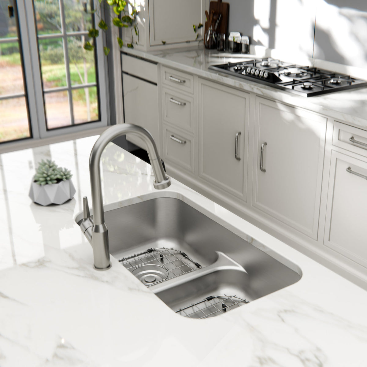 Profile 32" Undermount 18 Gauge Low Divider Double Bowl Stainless Steel Kitchen Sink with Accessories