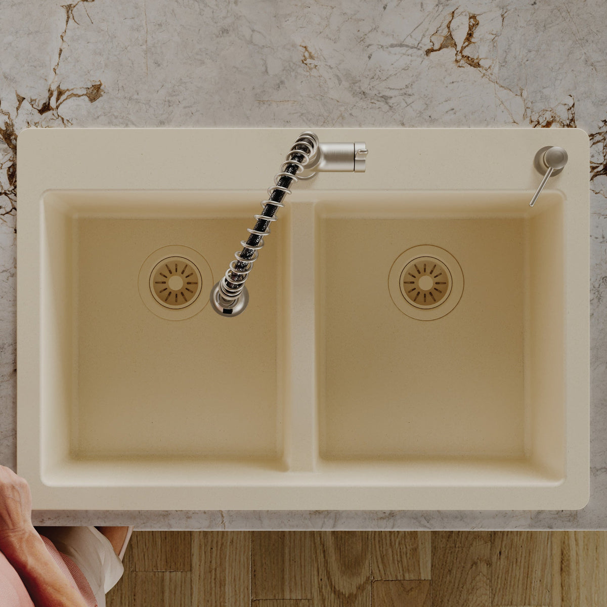 33" Top Mount Double Bowl Quartz Composite Kitchen Sink In Bisque