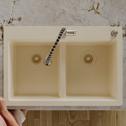 33" Top Mount Double Bowl Quartz Composite Kitchen Sink In Bisque