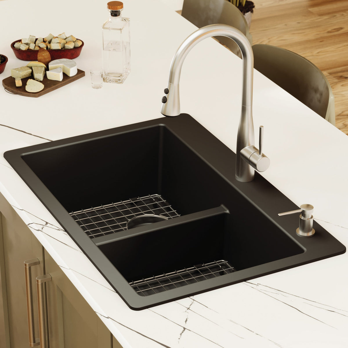 33" Top Mount Double Equal Bowl Quartz Composite Kitchen Sink Kit In Black
