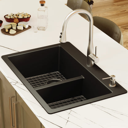 33" Top Mount Double Equal Bowl Quartz Composite Kitchen Sink Kit In Black