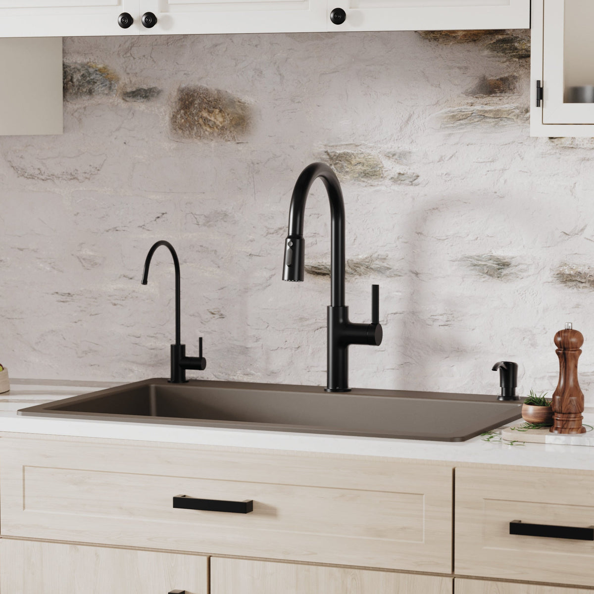 33" Top Mount Double Equal Bowl Quartz Composite Kitchen Sink Kit In Brown