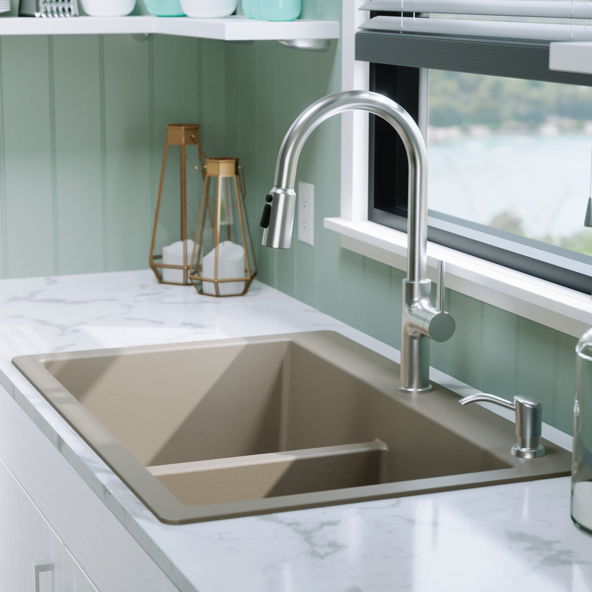 33" Top Mount Double Equal Bowl Quartz Composite Kitchen Sink Kit In Concrete