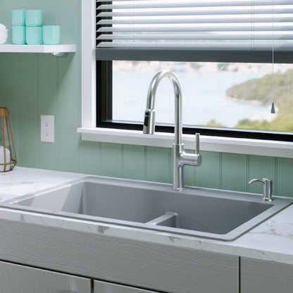 33" Top Mount Double Equal Bowl Quartz Composite Kitchen Sink Kit In Grey