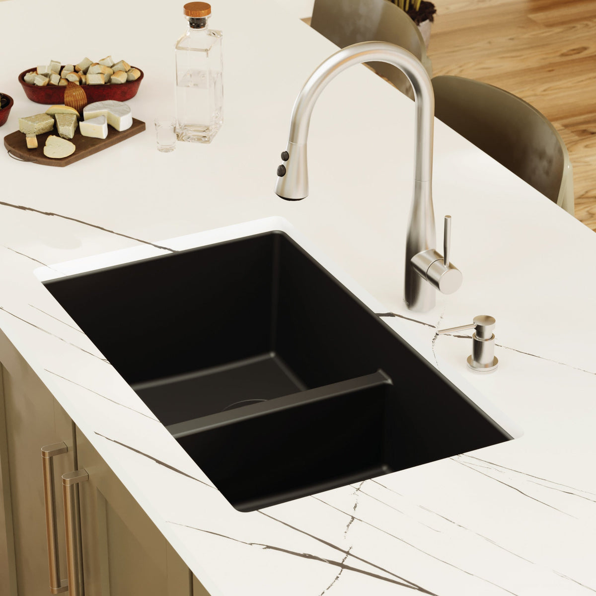32-3/8" Undermount Double Equal Bowl Quartz Composite Kitchen Sink In Black