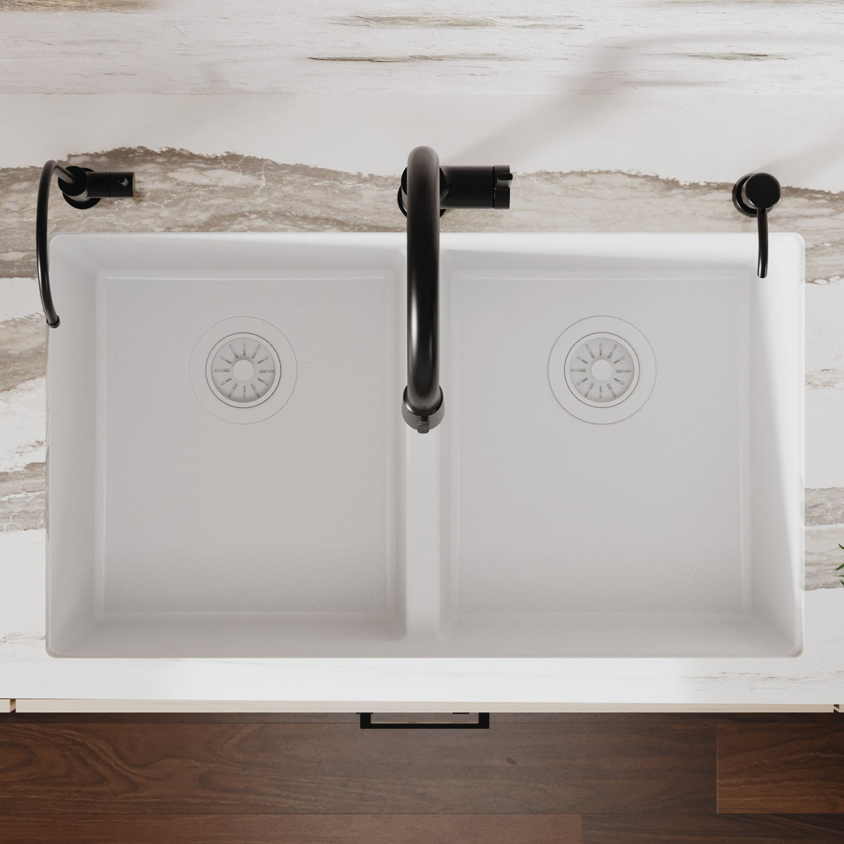 32-3/8" Undermount Double Equal Bowl Quartz Composite Kitchen Sink In White