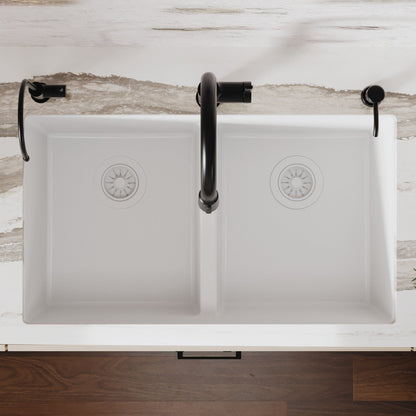 32-3/8" Undermount Double Equal Bowl Quartz Composite Kitchen Sink In White