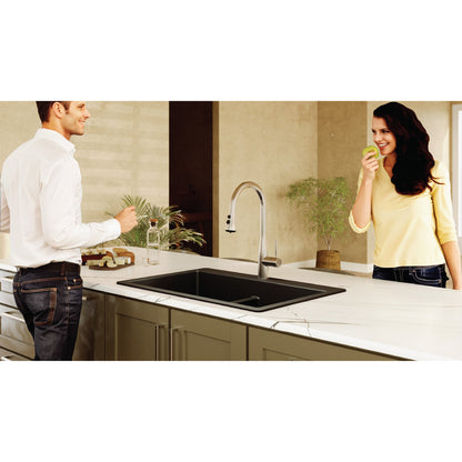 33" Top Mount Double Equal Bowl Quartz Composite Kitchen Sink Kit In Black
