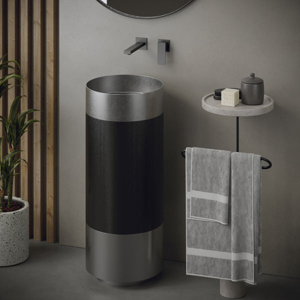 15" Pedestal Stainless Steel Bathroom Sink In Stainless Steel & Gunmetal Grey