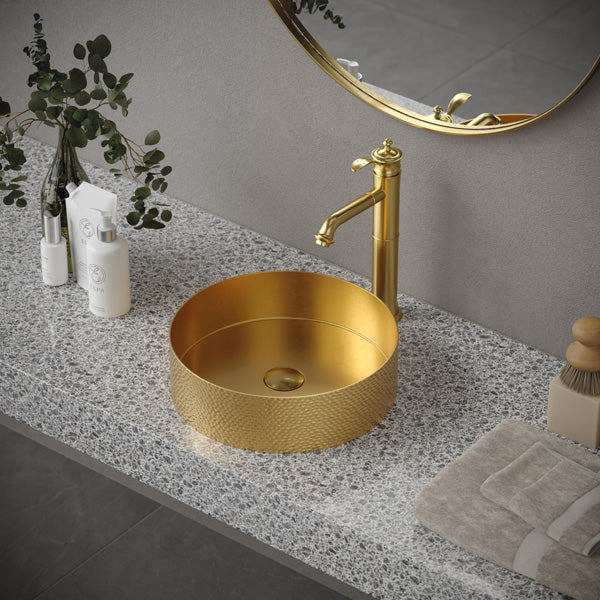 15" Vessel Stainless Steel Bathroom Sink In Gold