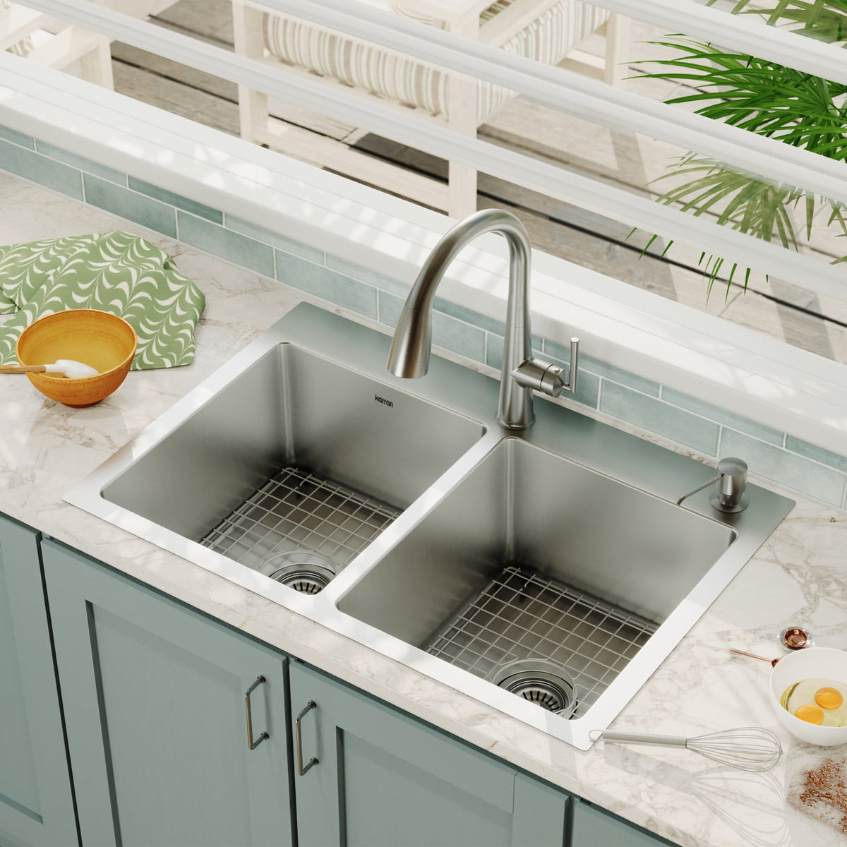 33" Top Mount Double Equal Bowl Stainless Steel Kitchen Sink Kit