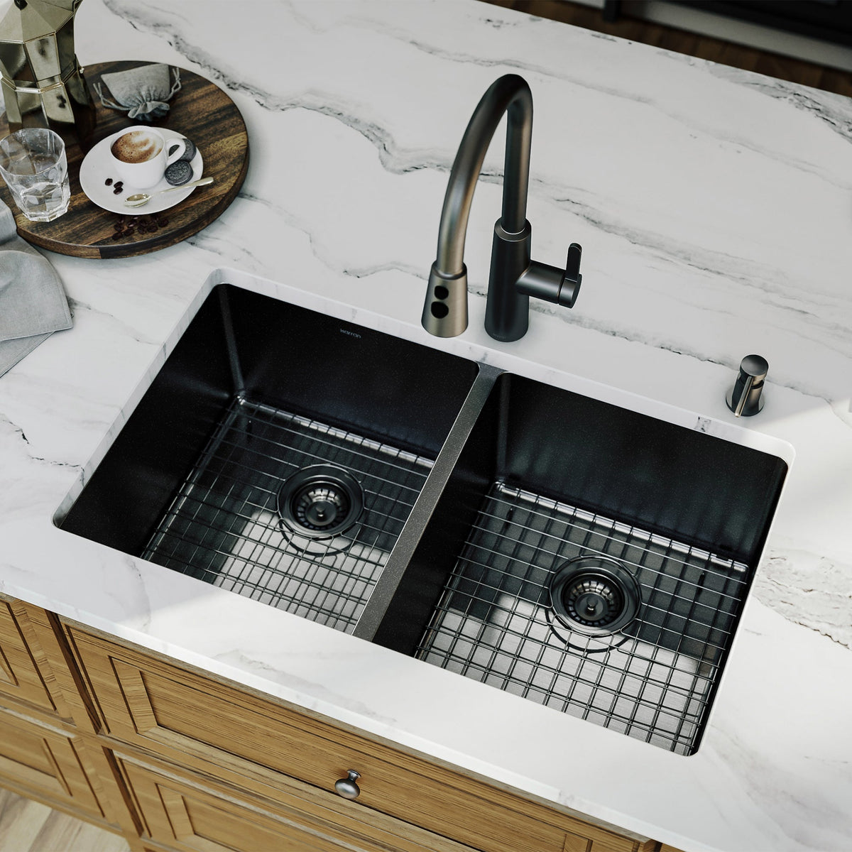 Elite 32" Undermount 16 Gauge Stainless Steel Double Bowl Kitchen Sink In Gunmetal Black