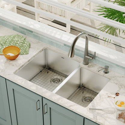 Elite 33" Undermount 16 Gauge Double Bowl Stainless Steel Kitchen Sink with Accessories