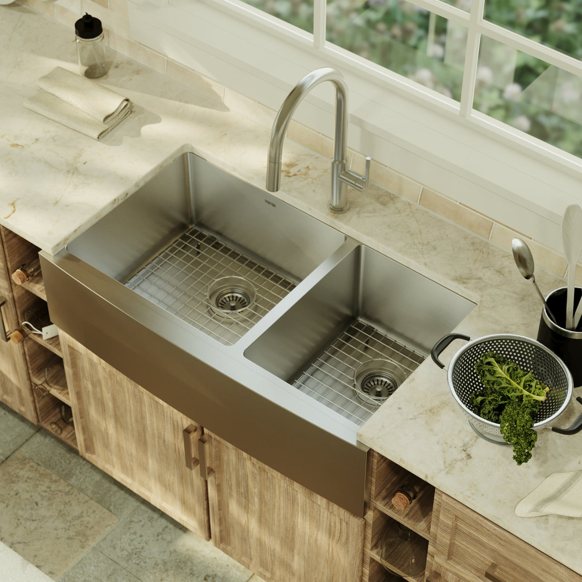 36" Farmhouse Double Offset Bowl Stainless Steel Kitchen Sink Kit