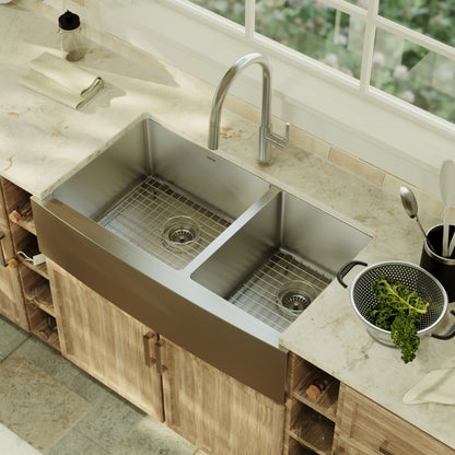 36" Farmhouse Double Offset Bowl Stainless Steel Kitchen Sink Kit