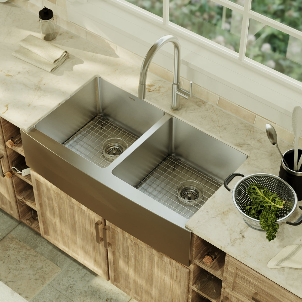 36" Farmhouse Double Equal Bowl Stainless Steel Kitchen Sink Kit