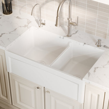 Fireclay 33" Reversible Apron Front Double Bowl Kitchen Sink In White