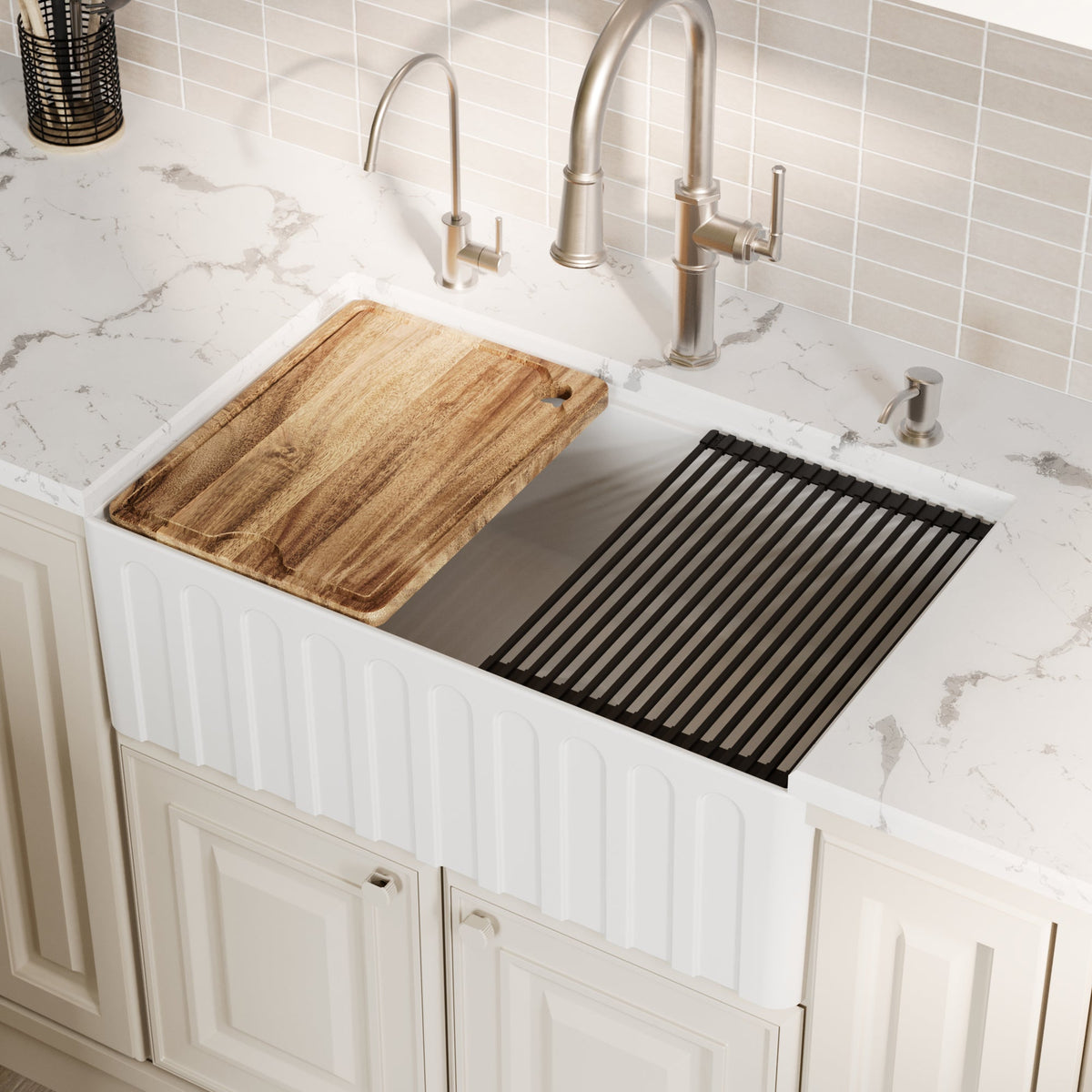Fireclay 30" Reversible Apron Front Single Bowl Workstation Kitchen Sink In White