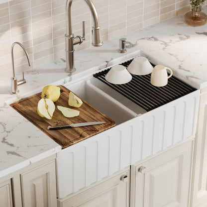 Fireclay 33" Reversible Apron Front Double Bowl Workstation Kitchen Sink In White