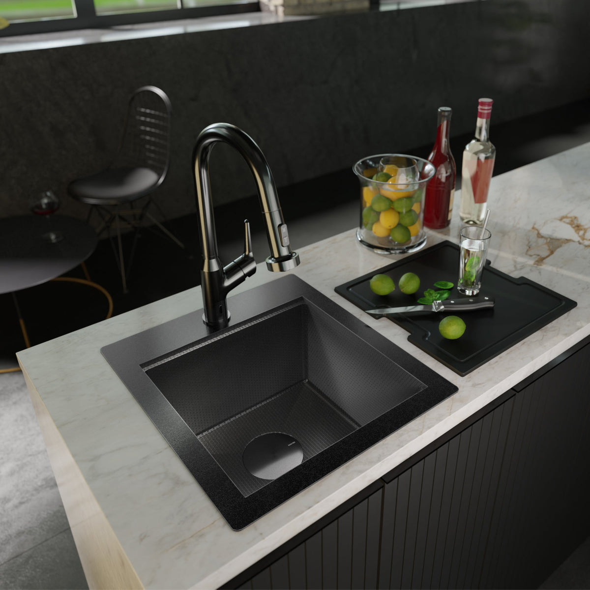 Matrix 17" Top Mount Workstation 16 Gauge Single Bowl Stainless Steel Sink In Gunmetal Grey with Accessories