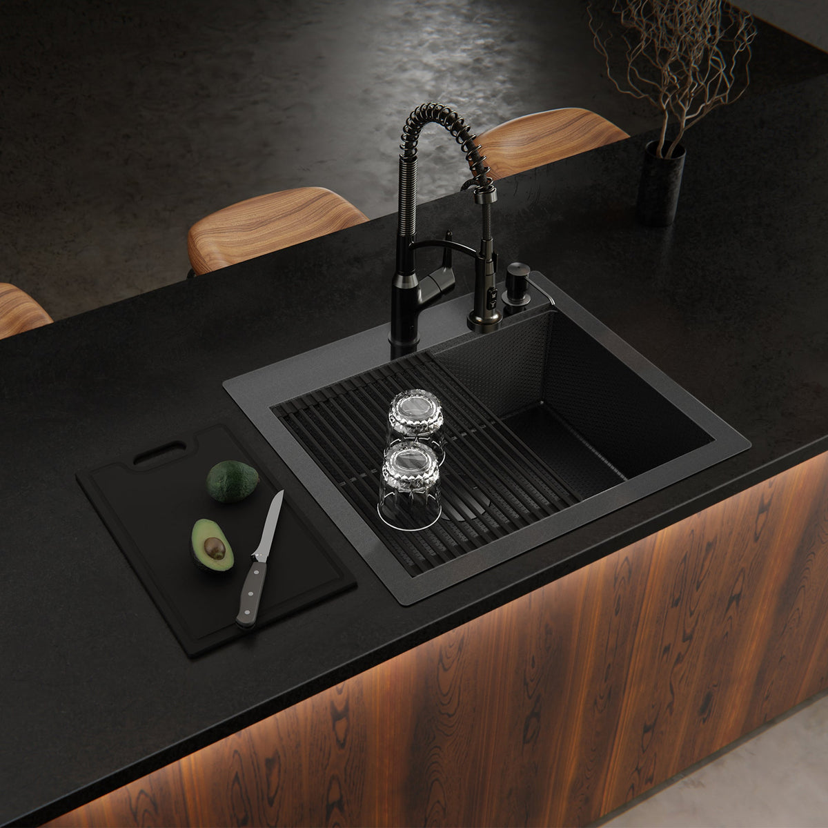 Matrix 25" Top Mount Workstation 16 Gauge Single Bowl Stainless Steel Kitchen Sink In Gunmetal Grey with Accessories