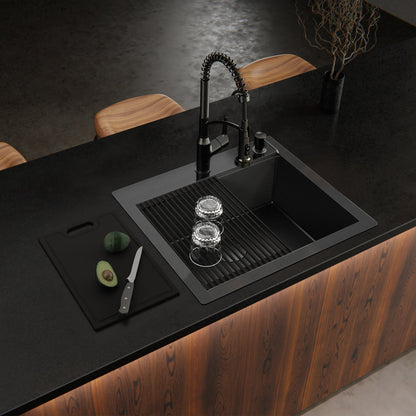 Matrix 25" Top Mount Workstation 16 Gauge Single Bowl Stainless Steel Kitchen Sink In Gunmetal Grey with Accessories
