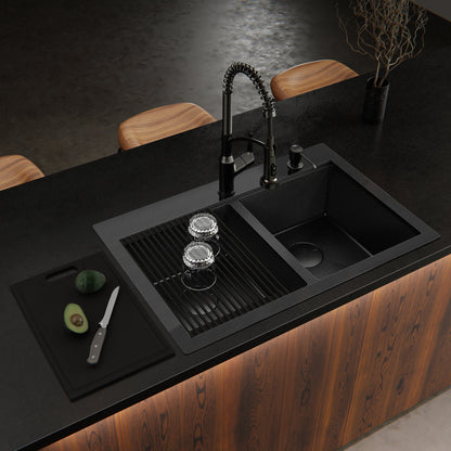 Matrix 33" Top Mount Workstation 16 Gauge Double Bowl Stainless Steel Kitchen Sink In Gunmetal Grey with Accessories
