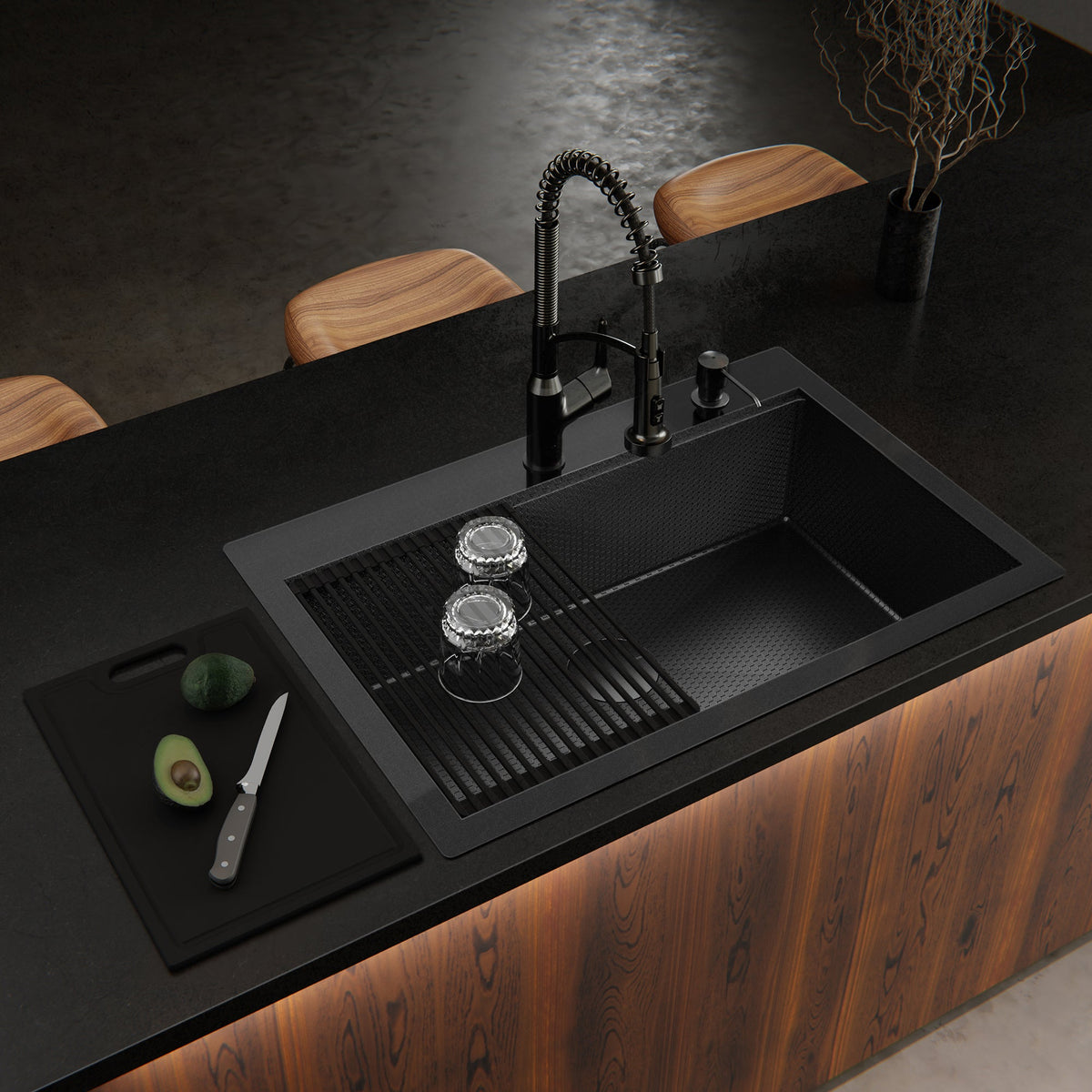 Matrix 33" Top Mount Workstation 16 Gauge Single Bowl Stainless Steel Kitchen Sink In Gunmetal Grey with Accessories