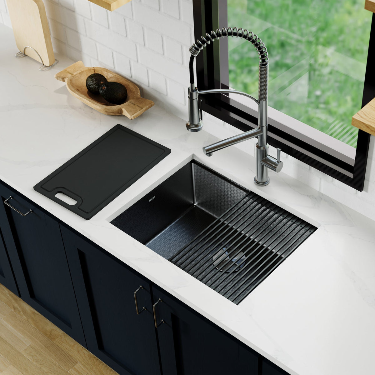 Matrix 24" Undermount Workstation 16 Gauge Single Bowl Stainless Steel Kitchen Sink In Gunmetal Grey with Accessories