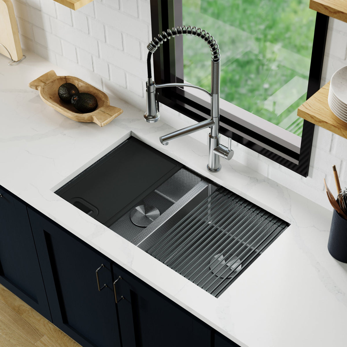 Matrix 32" Undermount Workstation 16 Gauge Double Bowl Stainless Steel Kitchen Sink In Gunmetal Grey with Accessories