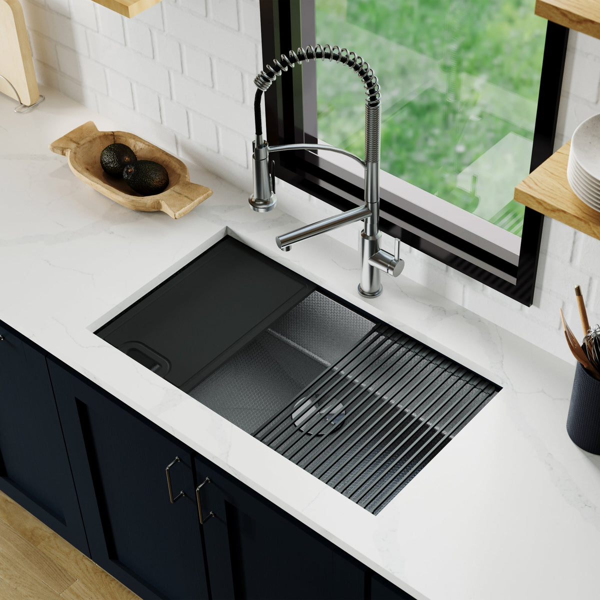 Matrix 32" Undermount Workstation 16 Gauge Single Bowl Stainless Steel Kitchen Sink In Gunmetal Grey with Accessories