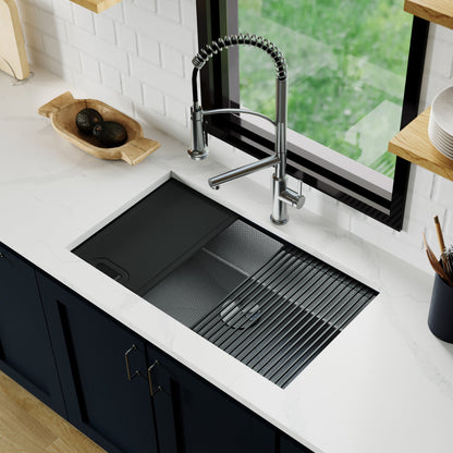 Matrix 32" Undermount Workstation 16 Gauge Single Bowl Stainless Steel Kitchen Sink In Gunmetal Grey with Accessories