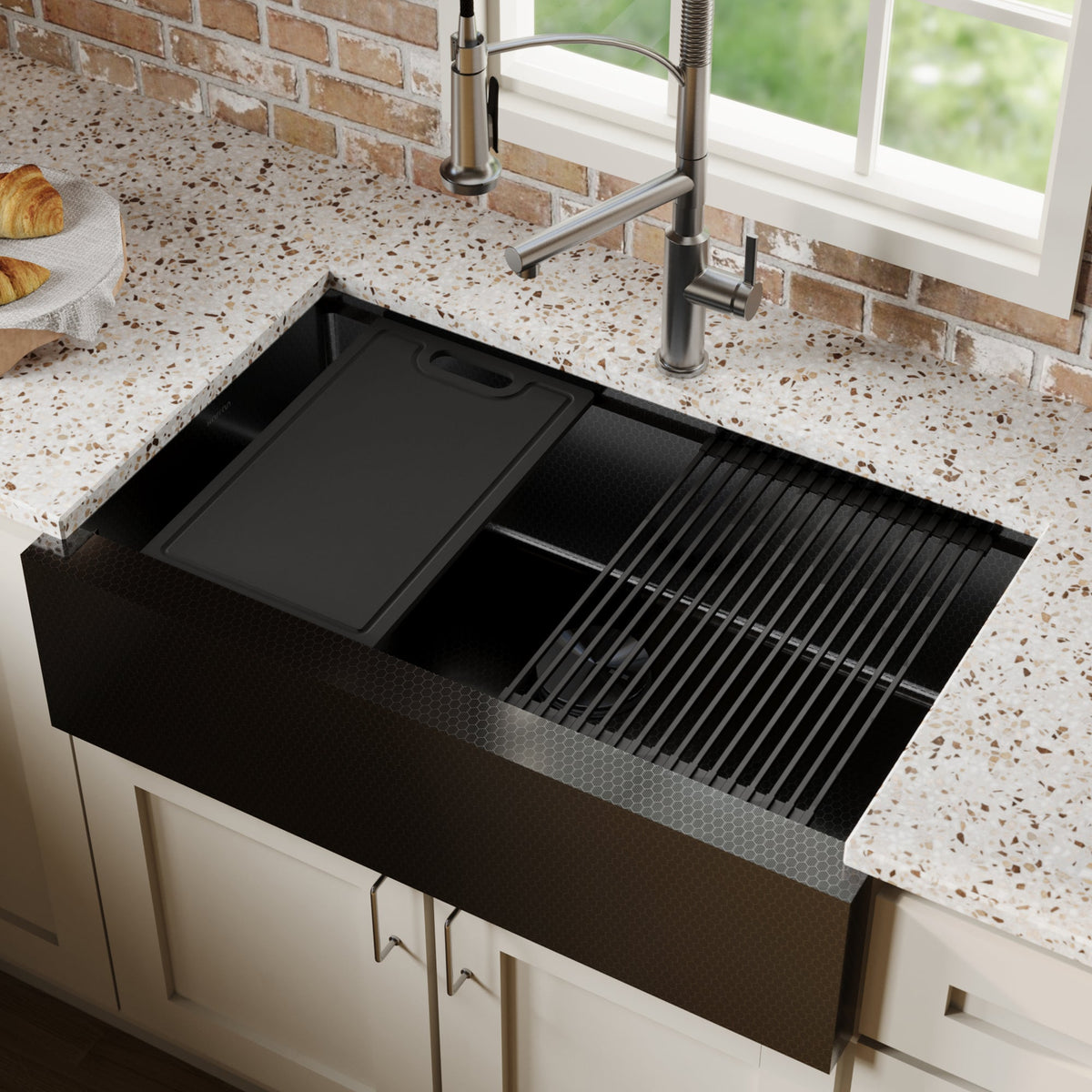 Matrix 33" Farmhouse Workstation 16 Gauge Single Bowl Gunmetal Grey Kitchen Sink with Accessories