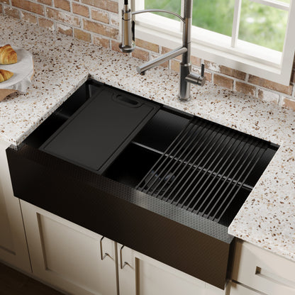 Matrix 33" Farmhouse Workstation 16 Gauge Single Bowl Gunmetal Grey Kitchen Sink with Accessories