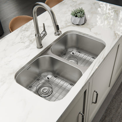 Profile 32" Undermount 18 Gauge Double Bowl Stainless Steel Kitchen Sink with Accessories
