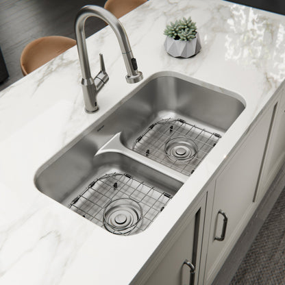Profile 32" Undermount 18 Gauge Low Divider Double Bowl Stainless Steel Kitchen Sink with Accessories