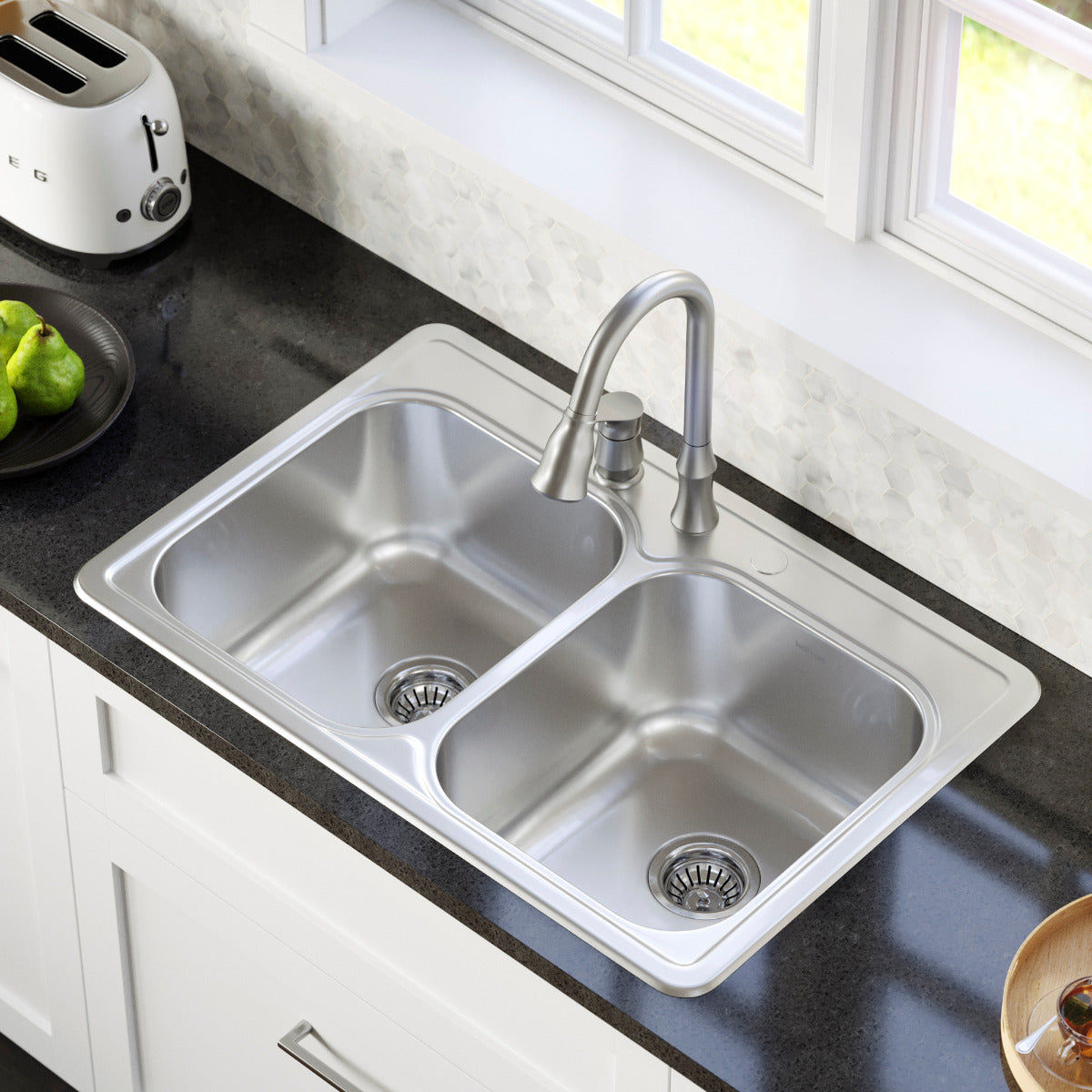Profile 33" Top Mount 18 Gauge Double Bowl Stainless Steel Kitchen Sink with Accessories