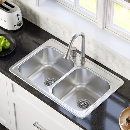 Profile 33" Top Mount 18 Gauge Double Bowl Stainless Steel Kitchen Sink with Accessories