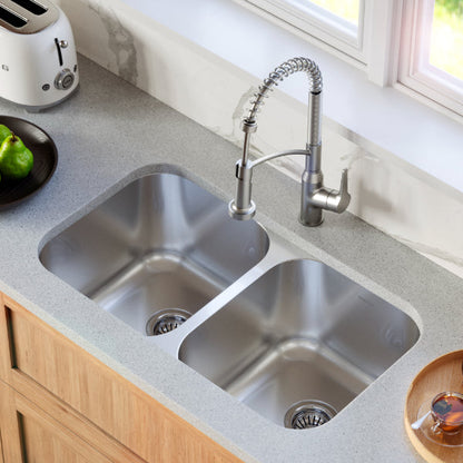 Profile 32" Undermount 16 Gauge Double Bowl Stainless Steel Kitchen Sink with Accessories