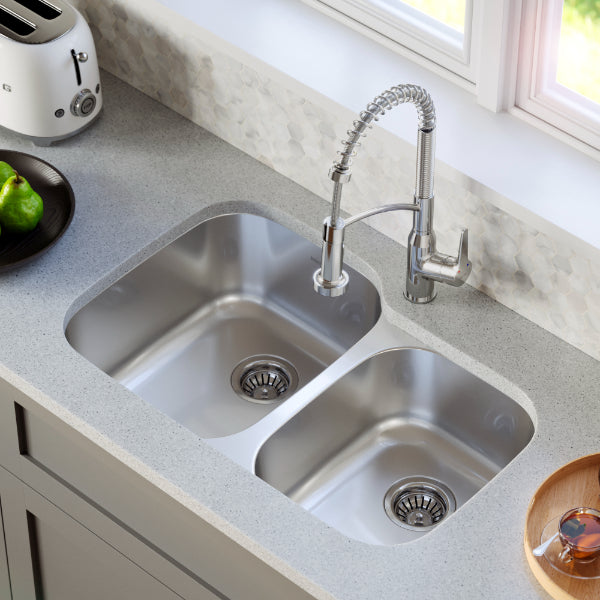 Profile 32" Undermount 16 Gauge Double Offset Bowl Stainless Steel Kitchen Sink with Accessories